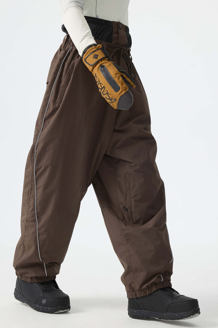 Men's Earthy Brown Waterproof Reflective-Piped Cargo Drawstring Snow Pants