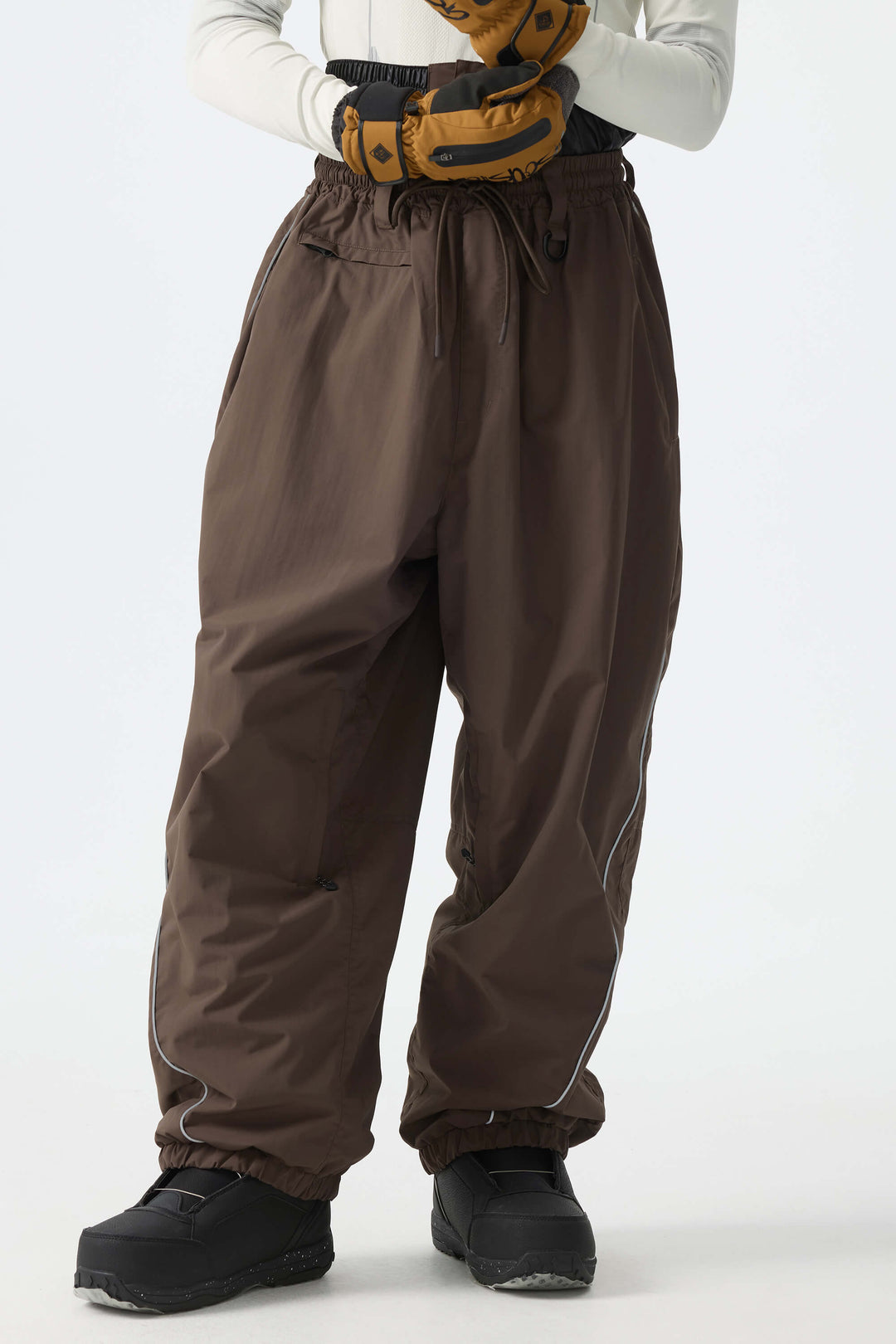 Men's Earthy Brown Waterproof Reflective-Piped Cargo Drawstring Snow Pants