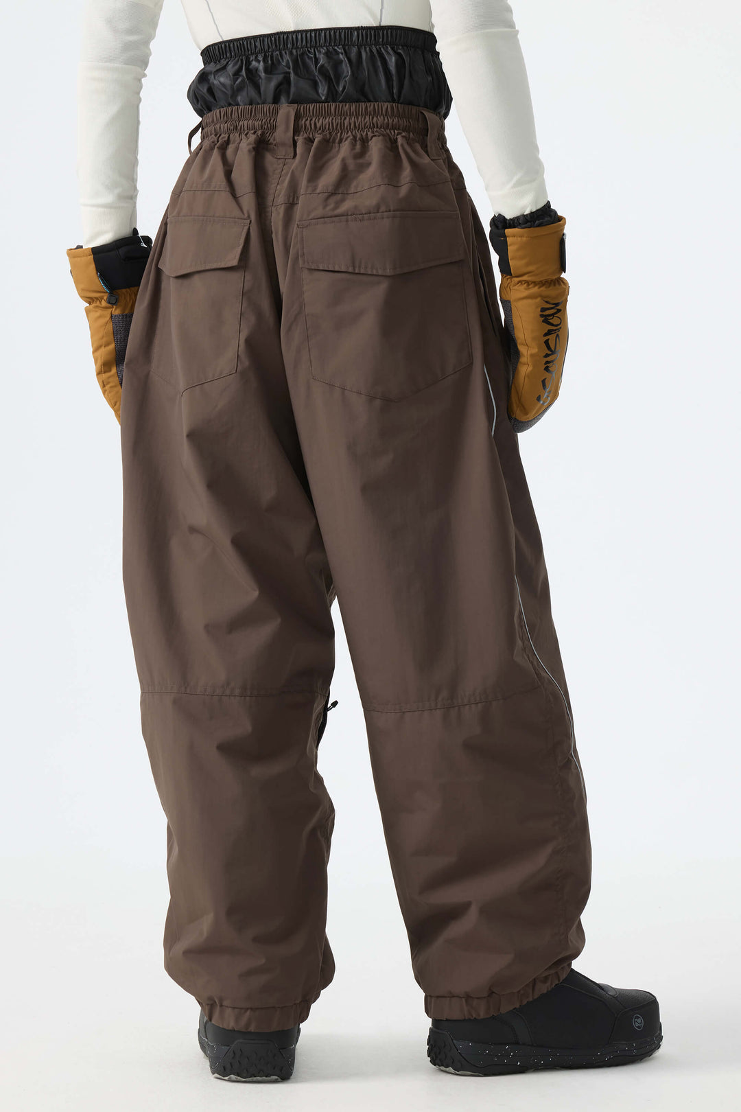 Men's Earthy Brown Waterproof Reflective-Piped Cargo Drawstring Snow Pants