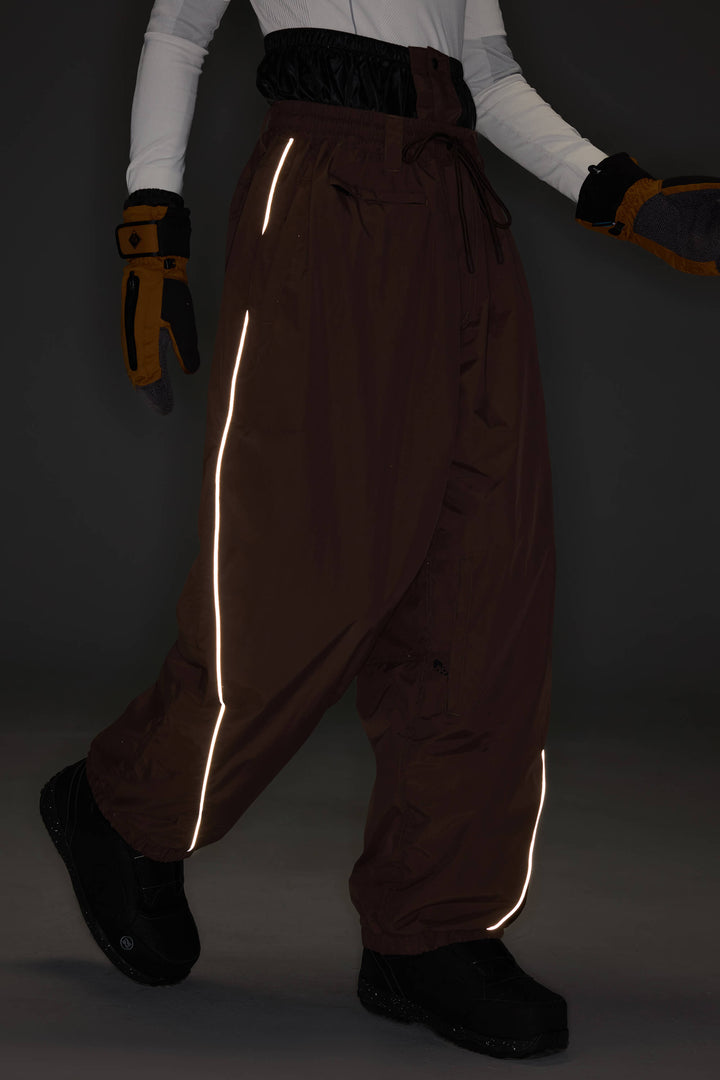 Men's Earthy Brown Waterproof Reflective-Piped Cargo Drawstring Snow Pants