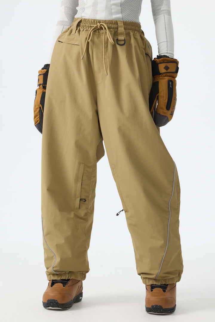 Women's Desert Khaki Reflective-Piped Drawstring Relaxed Cargo Snow Pants
