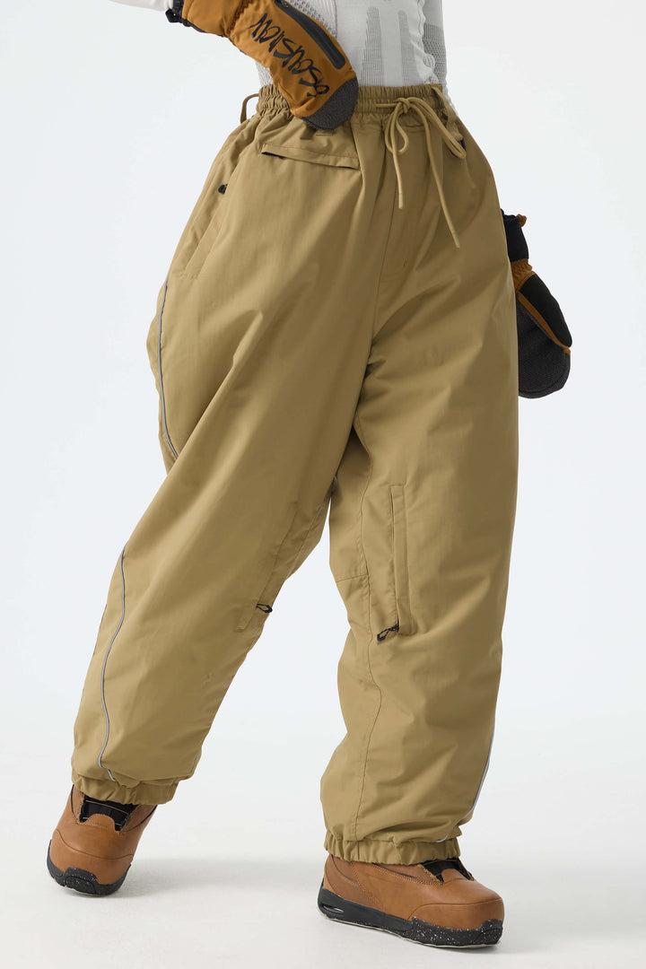 Women's Desert Khaki Reflective-Piped Drawstring Relaxed Cargo Snow Pants