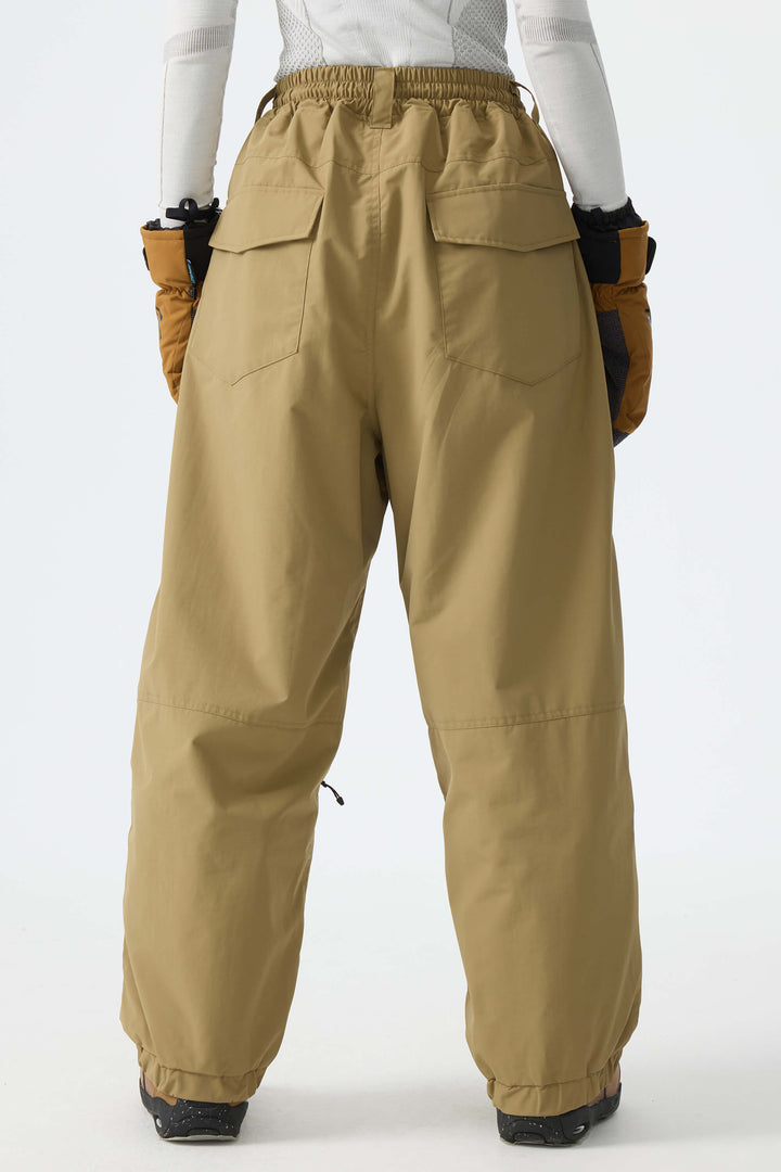Women's Desert Khaki Reflective-Piped Drawstring Relaxed Cargo Snow Pants