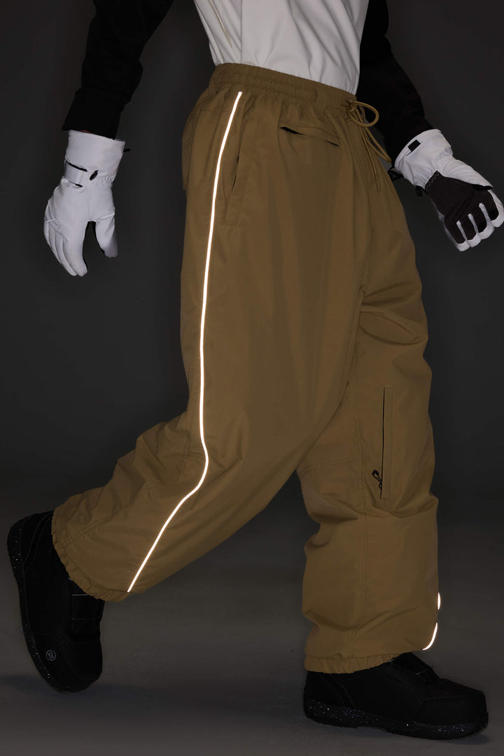 Women's Desert Khaki Reflective-Piped Drawstring Relaxed Cargo Snow Pants