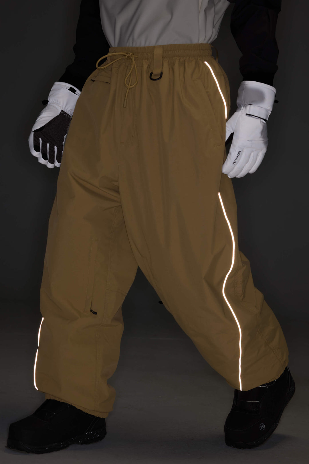 Men's Earthy Brown Waterproof Reflective-Piped Cargo Drawstring Snow Pants