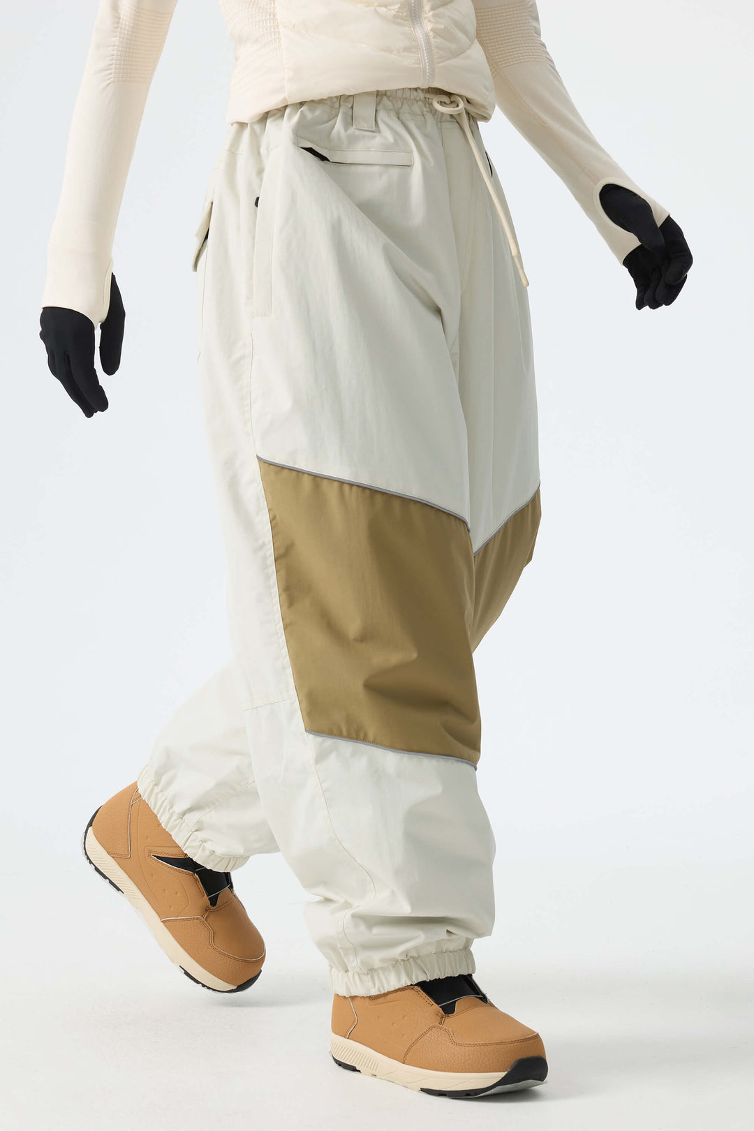 Women's Off-White & Khaki Patchwork Reflective Loose Cargo Snow Pants