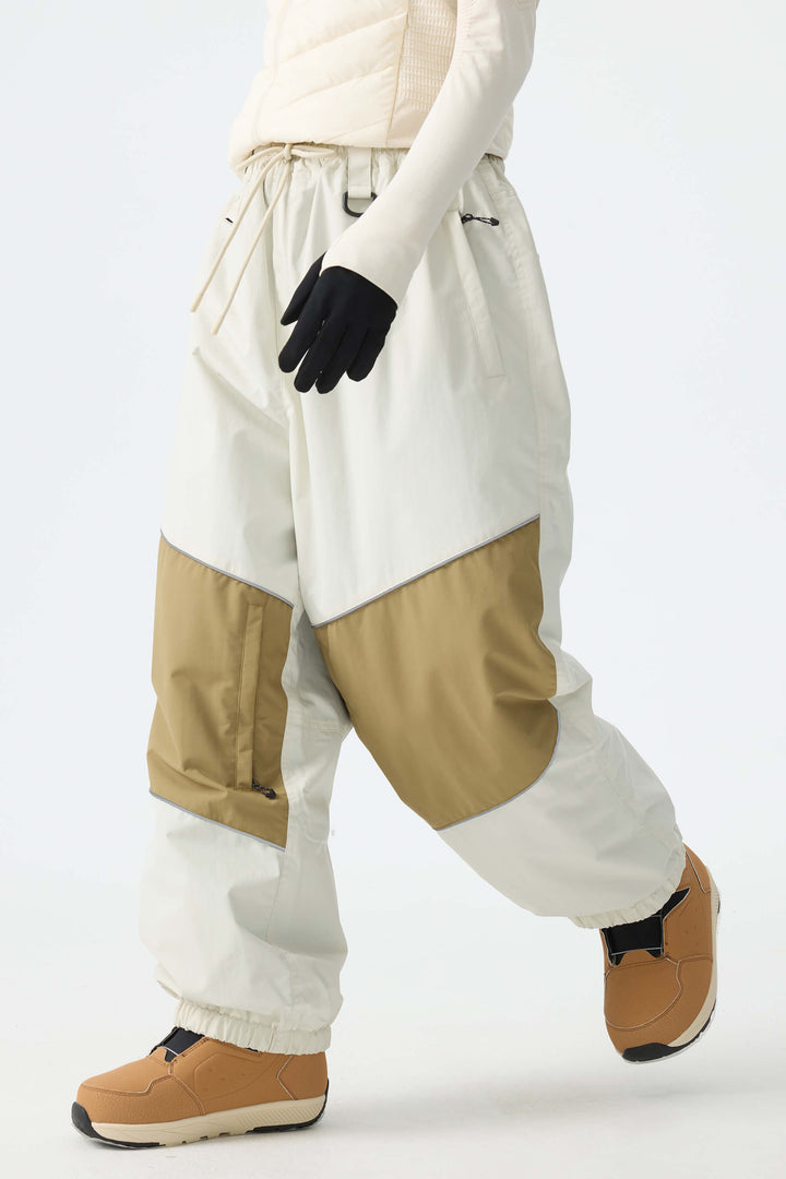 Women's Off-White & Khaki Patchwork Reflective Loose Cargo Snow Pants