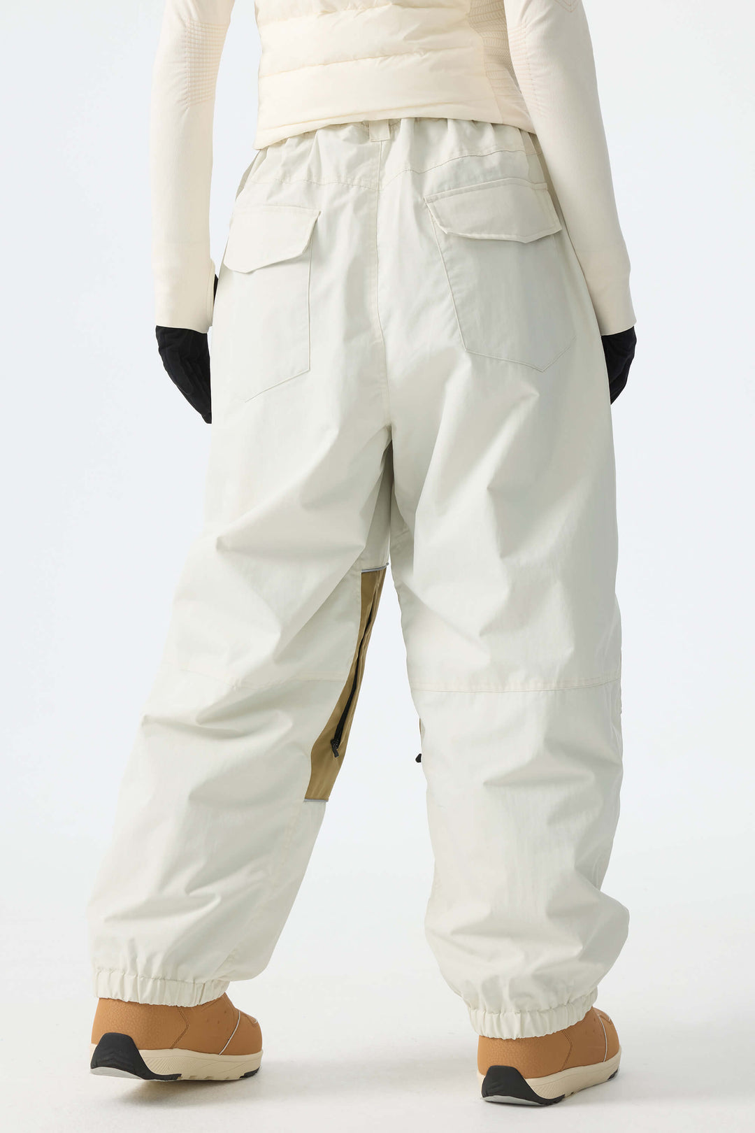 Women's Off-White & Khaki Patchwork Reflective Loose Cargo Snow Pants