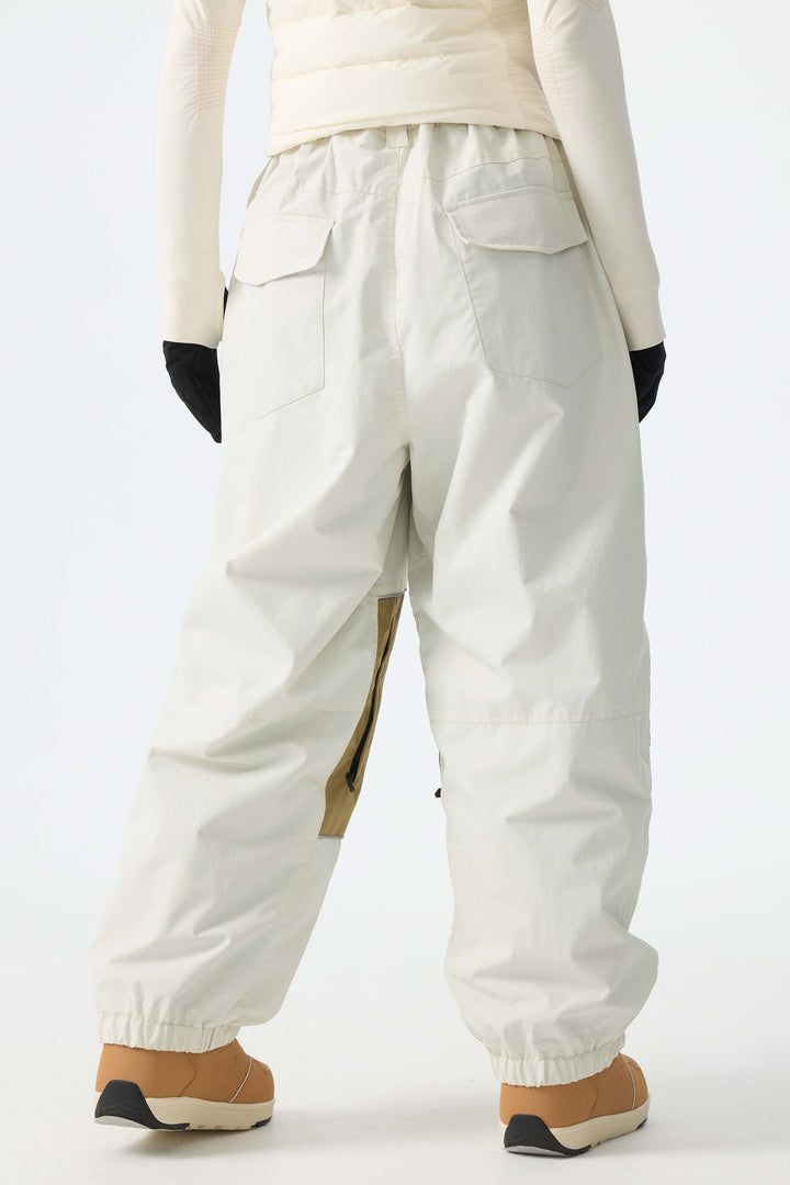 Women's Off-White & Khaki Patchwork Reflective Loose Cargo Snow Pants