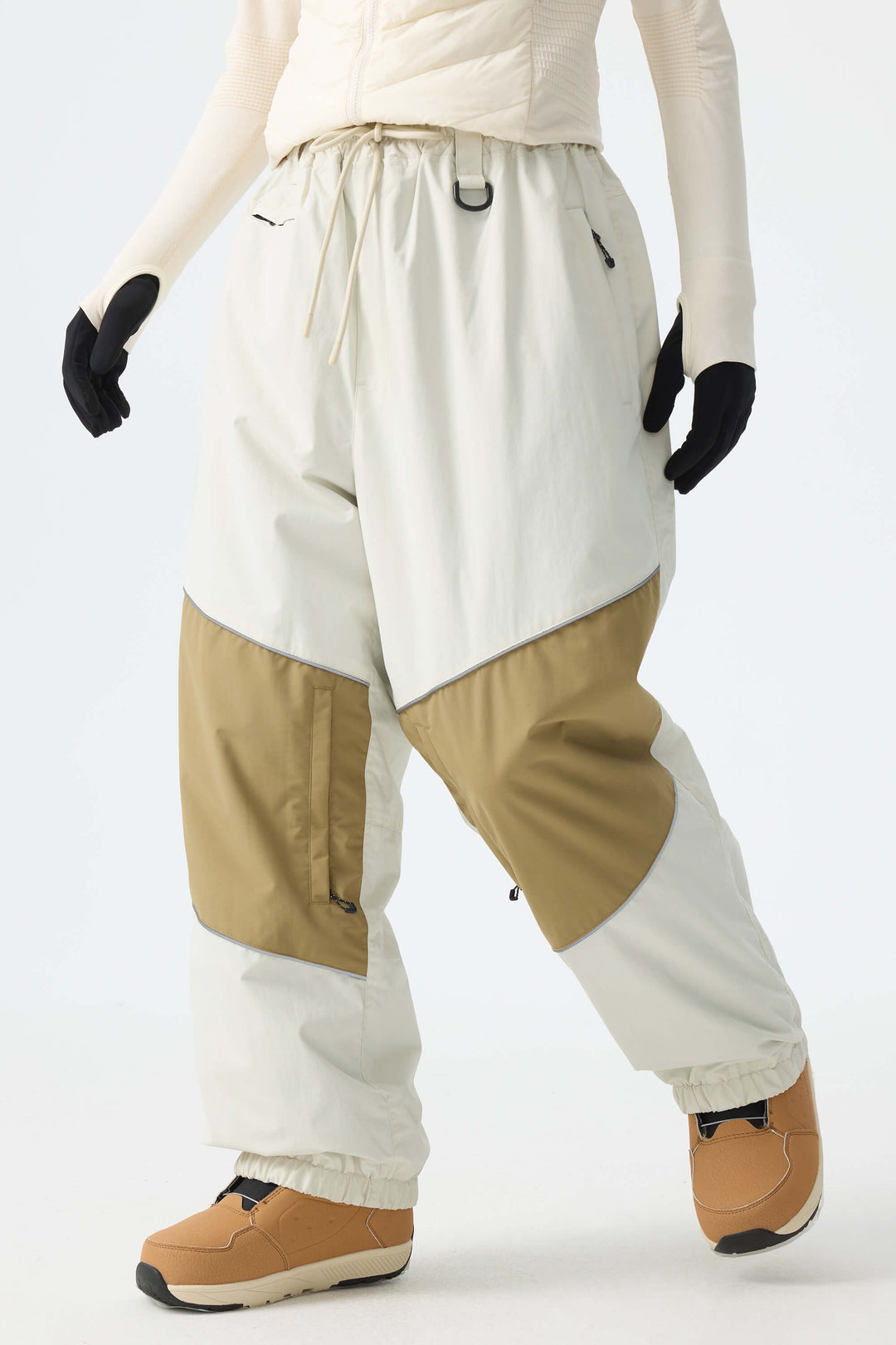 Women's Off-White & Khaki Patchwork Reflective Loose Cargo Snow Pants