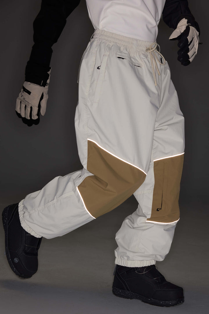 Women's Off-White & Khaki Patchwork Reflective Loose Cargo Snow Pants