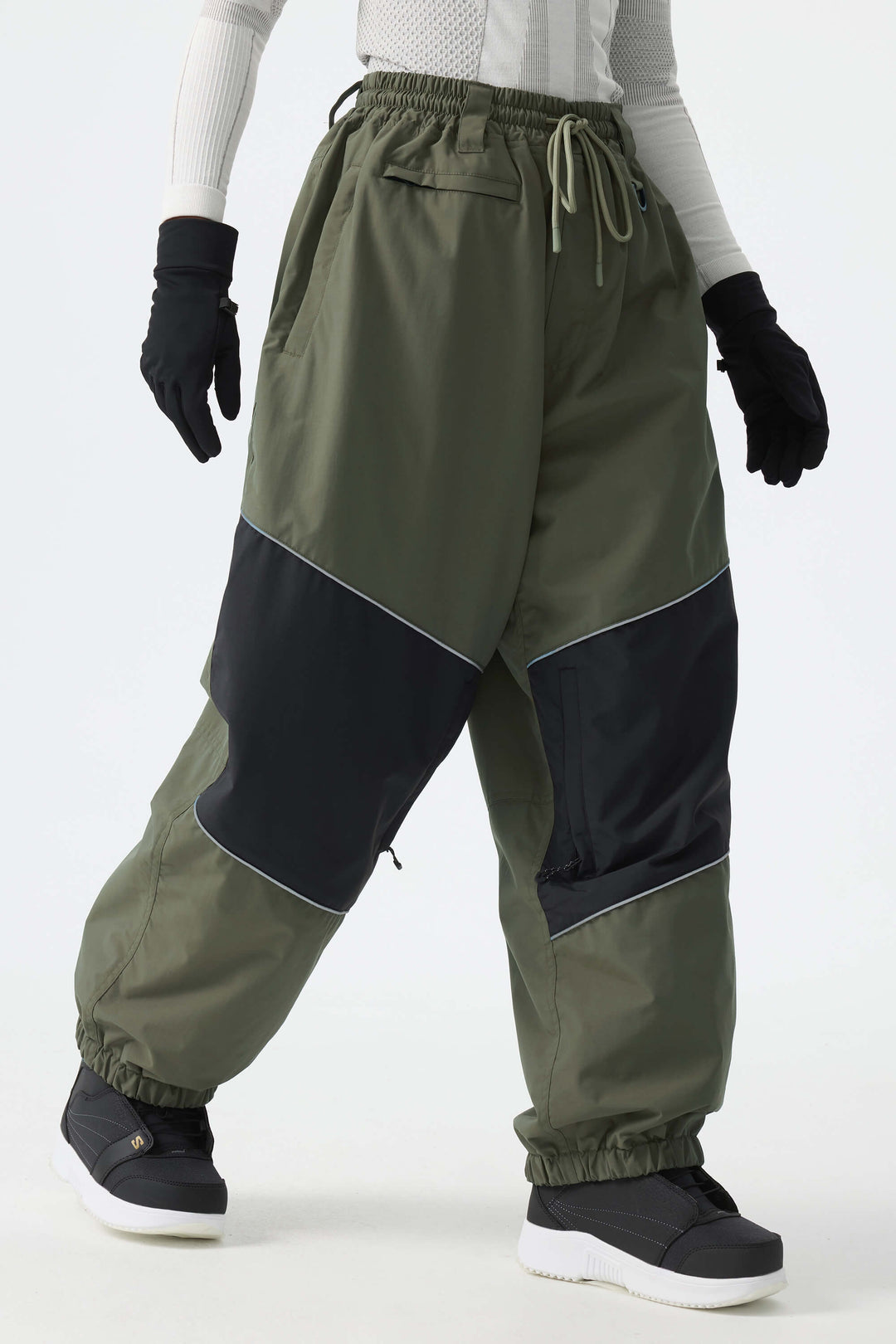 Women's Off-White & Khaki Patchwork Reflective Loose Cargo Snow Pants