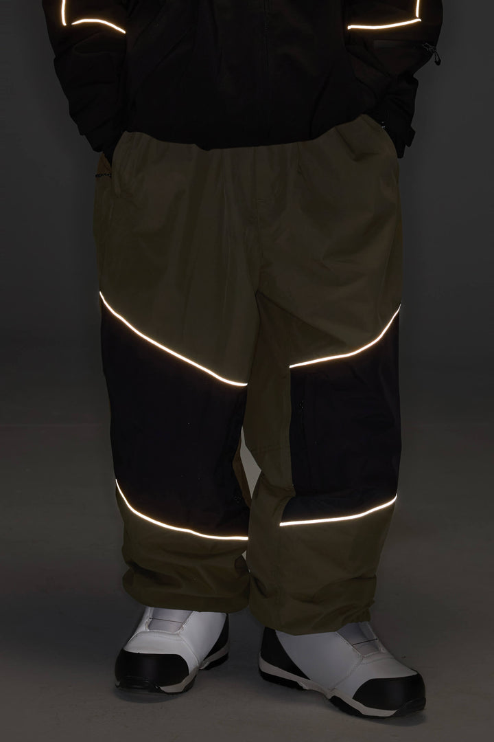 Women's Off-White & Khaki Patchwork Reflective Loose Cargo Snow Pants