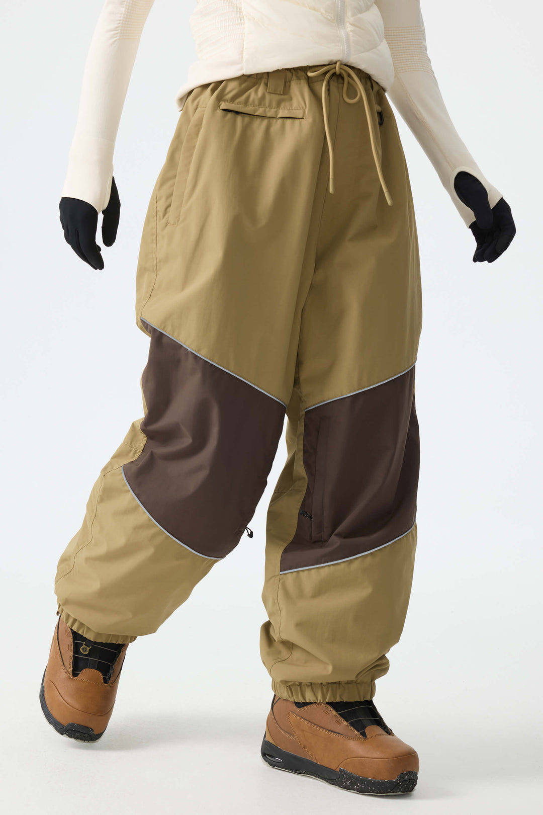 Women's Off-White & Khaki Patchwork Reflective Loose Cargo Snow Pants