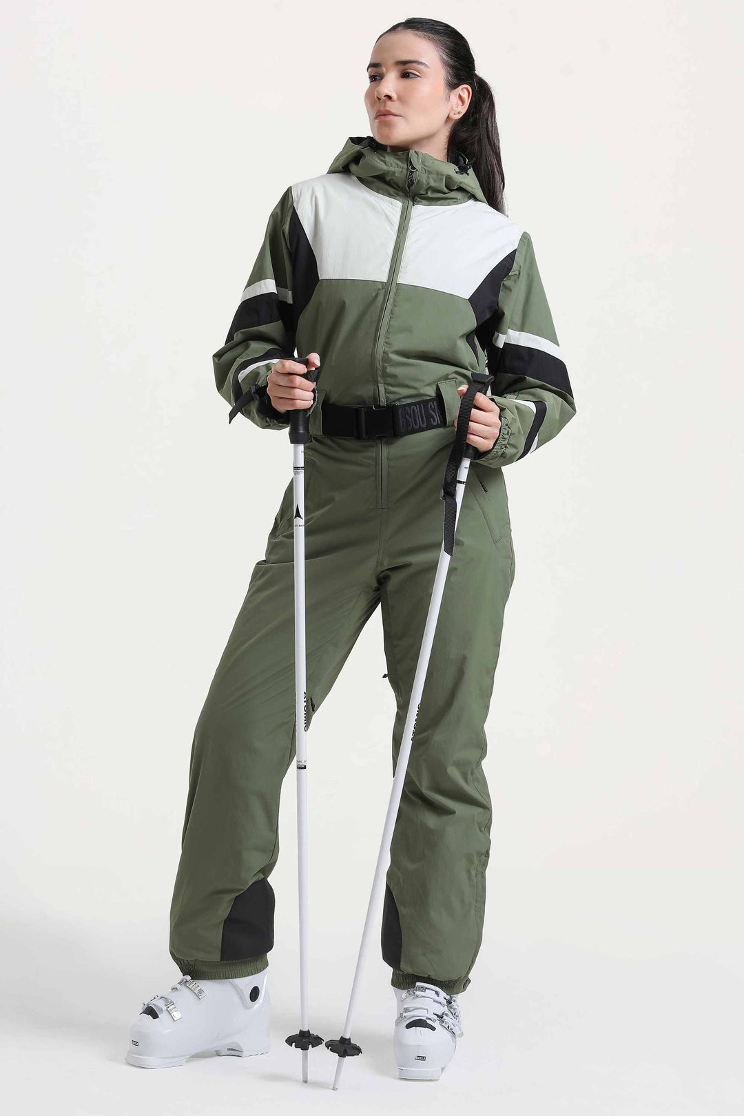 Women's Red Insulated Color-Block Utility One-Piece Ski Suit with Durable Fabric & Multiple Pockets