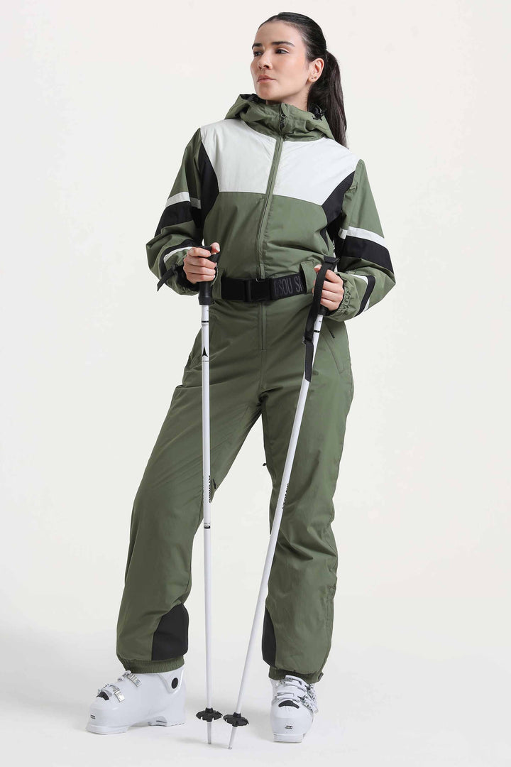 Women's Red Insulated Color-Block Utility One-Piece Ski Suit with Durable Fabric & Multiple Pockets