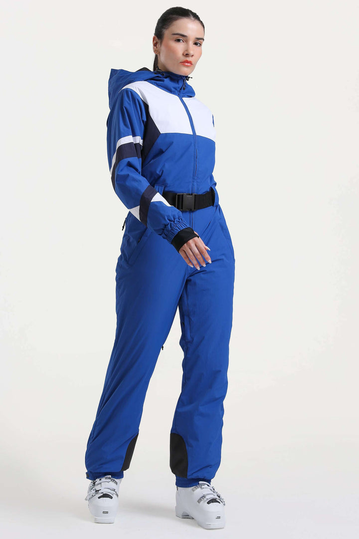 Women's Red Insulated Color-Block Utility One-Piece Ski Suit with Durable Fabric & Multiple Pockets