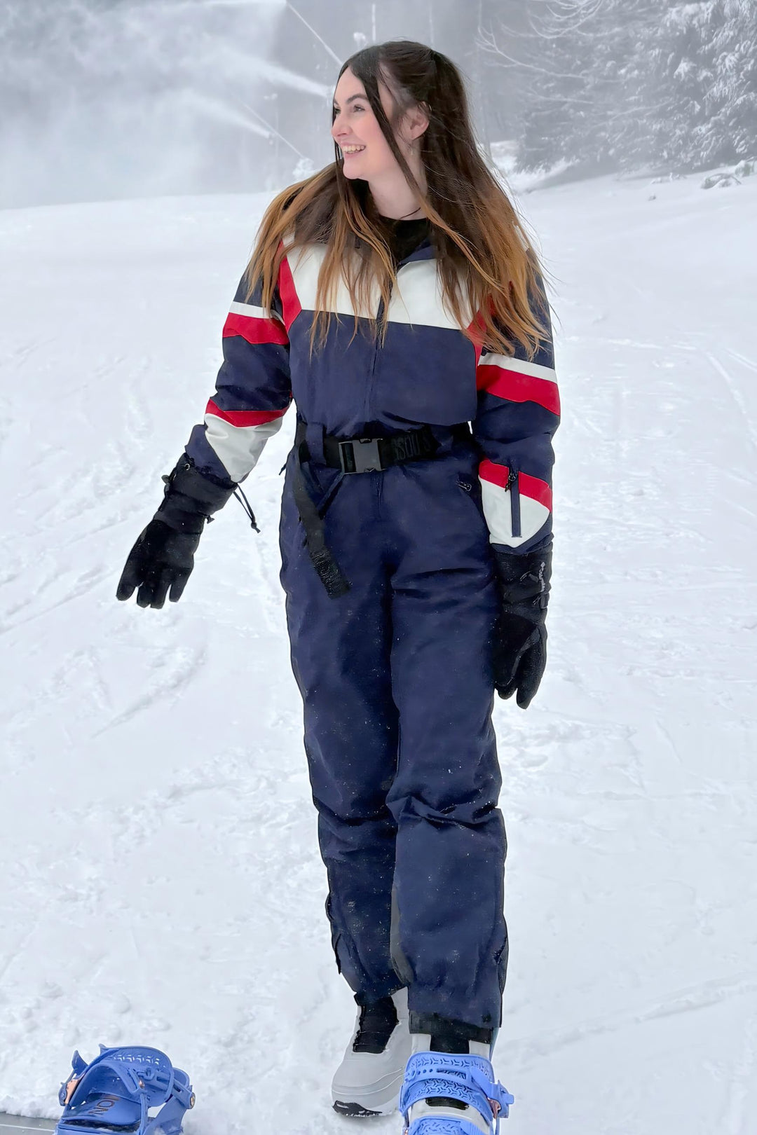 Women's Red Insulated Color-Block Utility One-Piece Ski Suit with Durable Fabric & Multiple Pockets