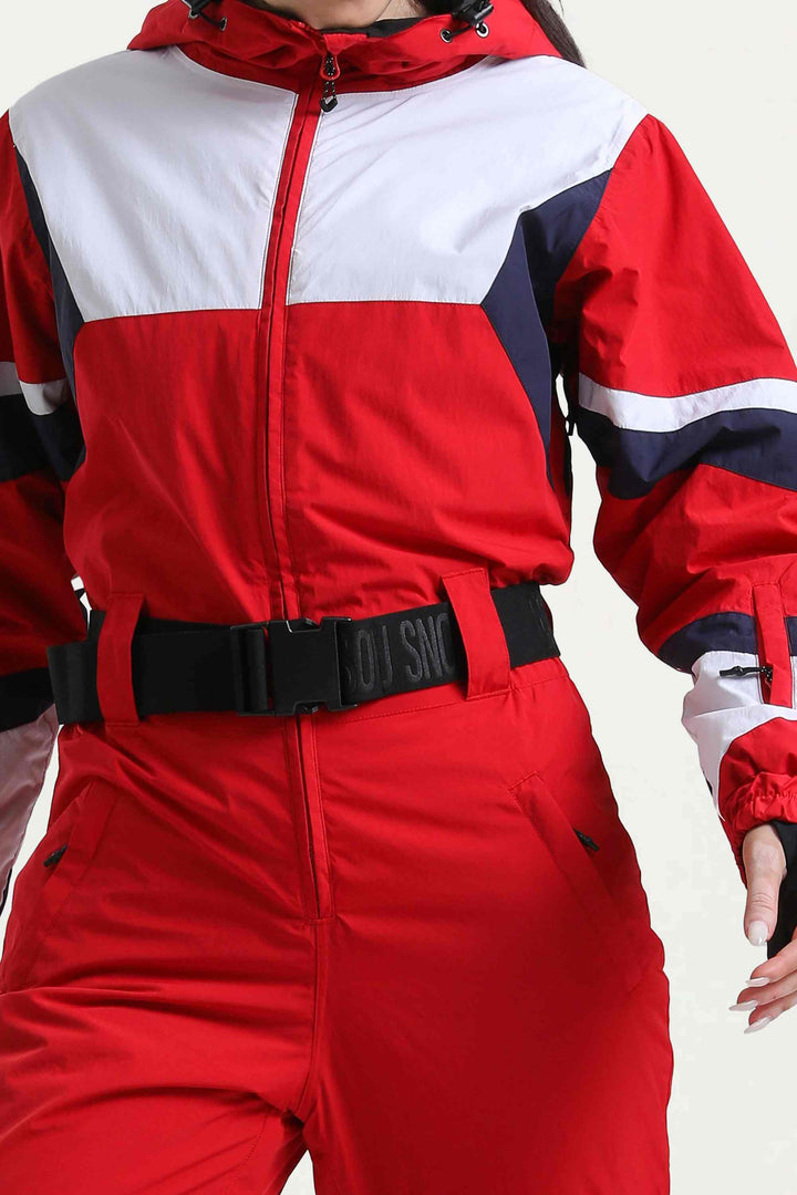 Women's Red Insulated Color-Block Utility One-Piece Ski Suit with Durable Fabric & Multiple Pockets