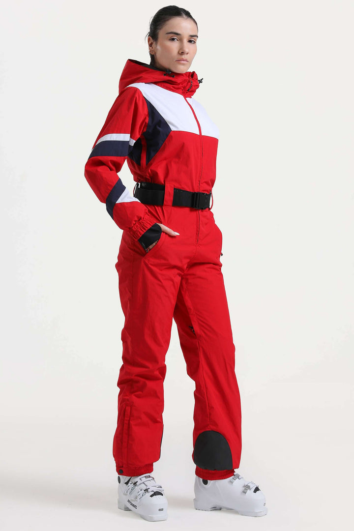 Women's Red Insulated Color-Block Utility One-Piece Ski Suit with Durable Fabric & Multiple Pockets