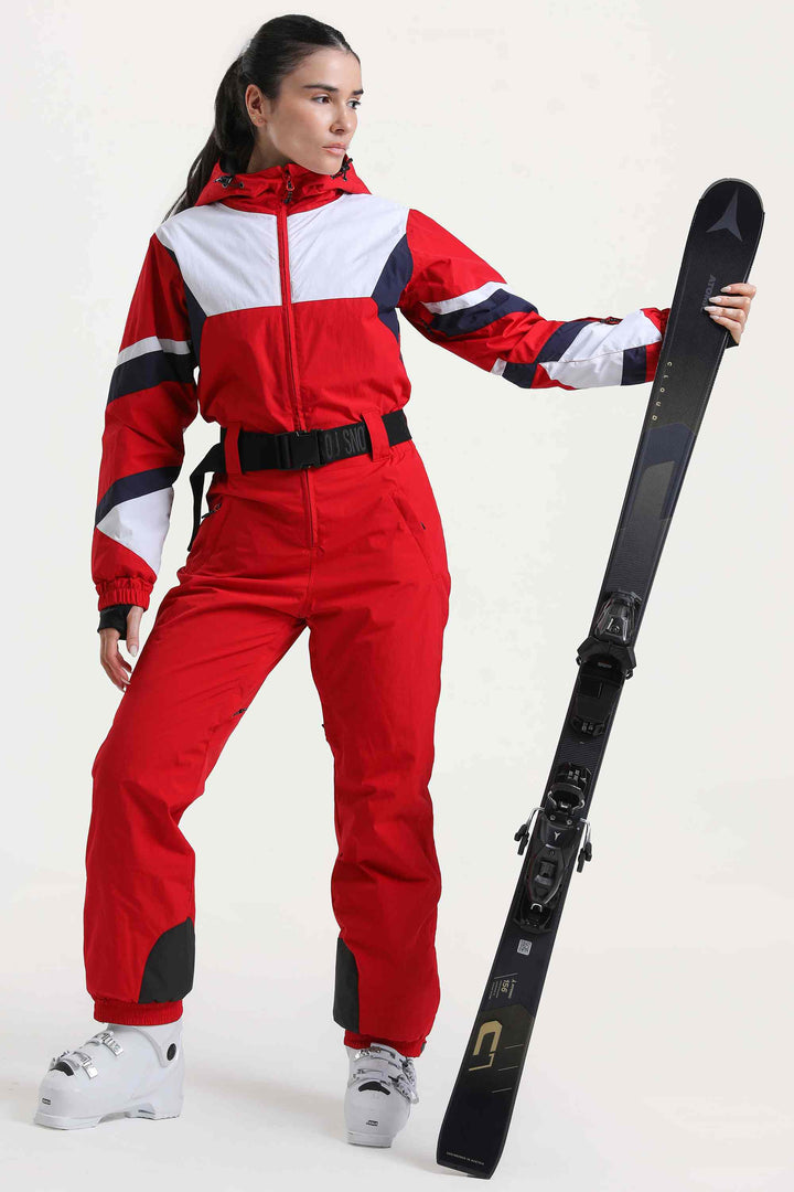 Women's Red Insulated Color-Block Utility One-Piece Ski Suit with Durable Fabric & Multiple Pockets