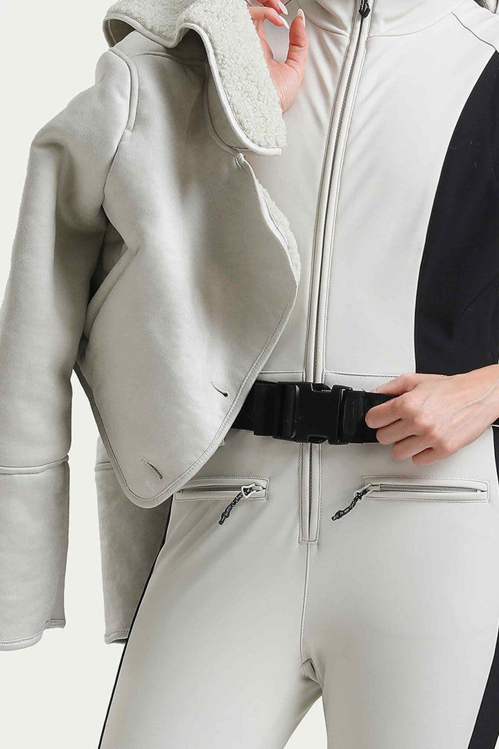 Women's Off-White & Black Detachable Sherpa-Collar Belted Slim One-Piece Ski Suit