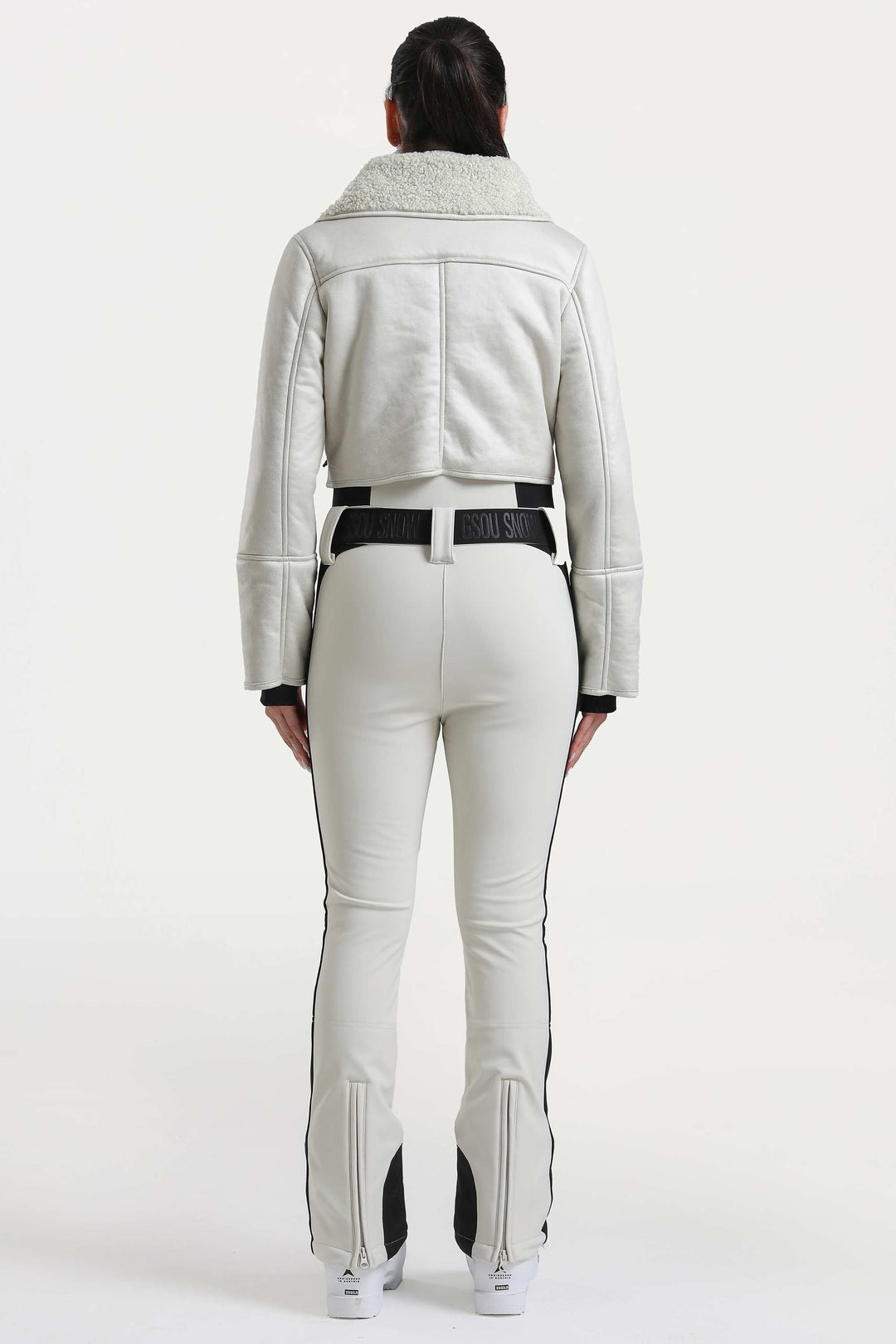 Women's Off-White & Black Detachable Sherpa-Collar Belted Slim One-Piece Ski Suit