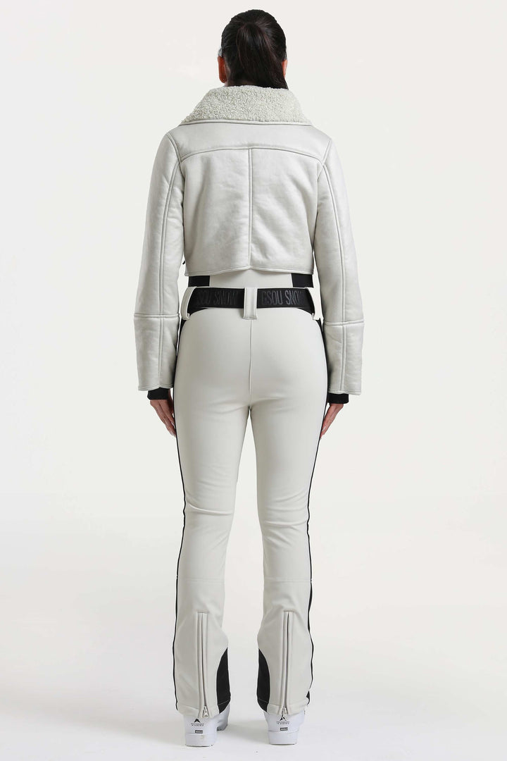 Women's Off-White & Black Detachable Sherpa-Collar Belted Slim One-Piece Ski Suit