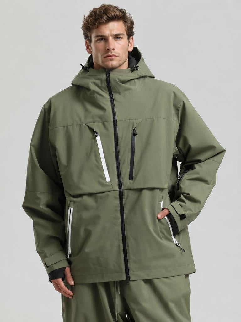 Men's Khaki Contrast-Zip Fully Sealed Waterproof Insulated Snow Jacket