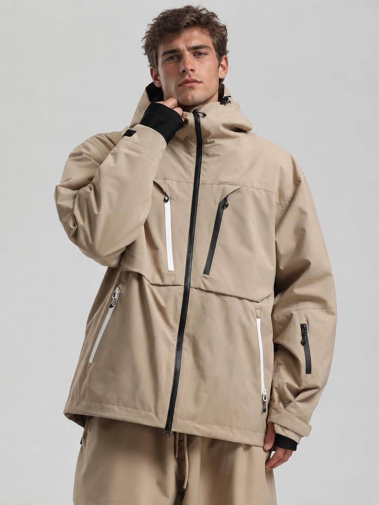 Men's Khaki Contrast-Zip Fully Sealed Waterproof Insulated Snow Jacket