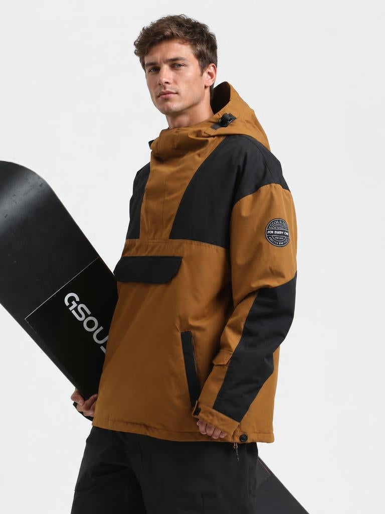 Men's Brown & Black Color-Block Insulated Waterproof Snow Anorak Jacket