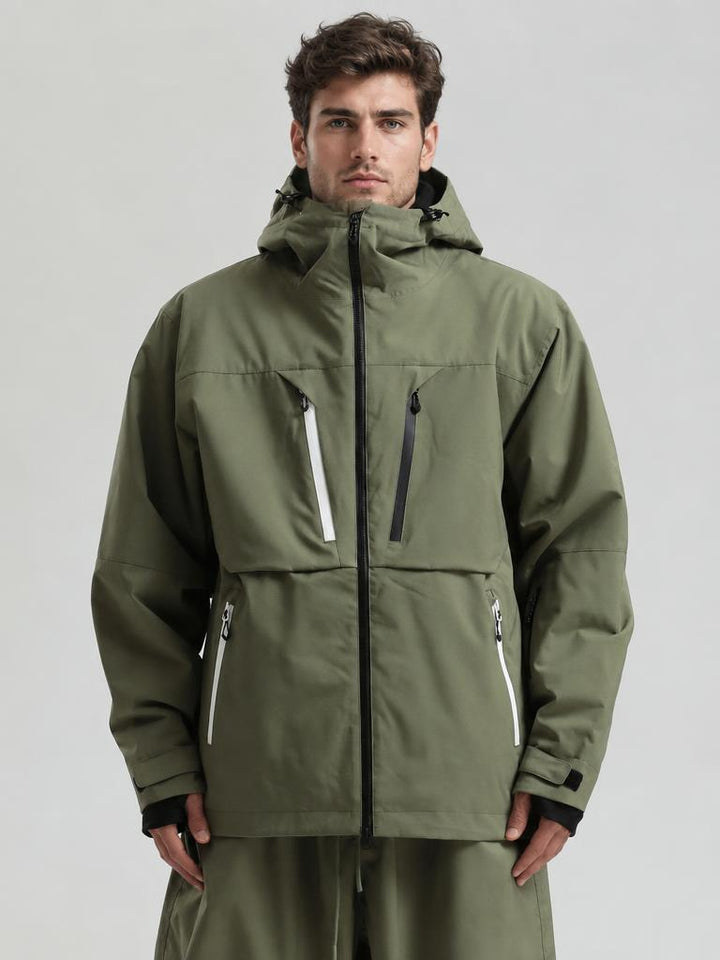 Men's Khaki Contrast-Zip Fully Sealed Waterproof Insulated Snow Jacket
