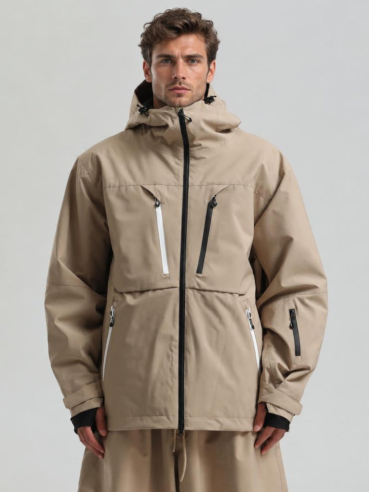Men's Khaki Contrast-Zip Fully Sealed Waterproof Insulated Snow Jacket
